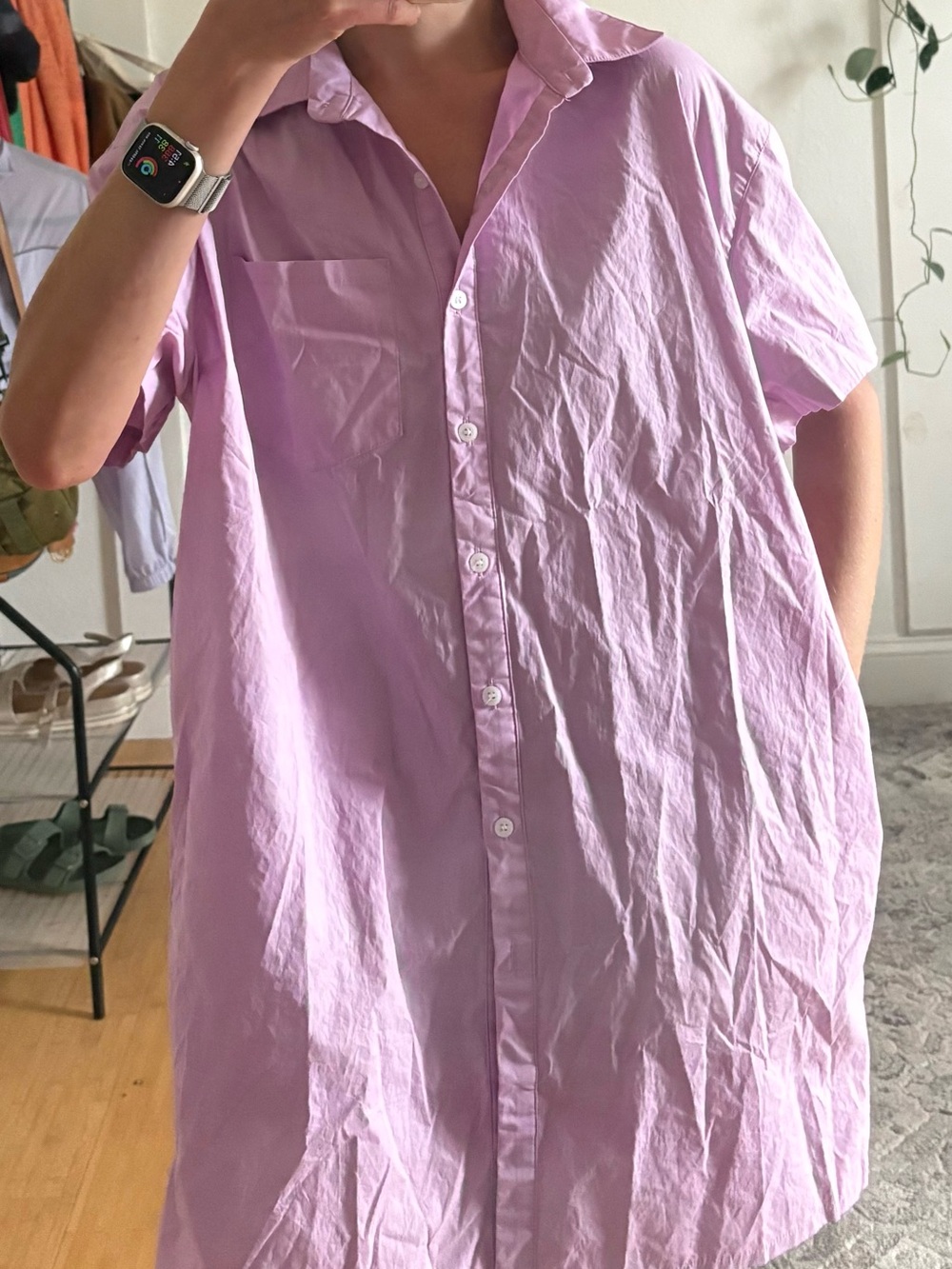 Light Purple Short-Sleeve Button-Up Shirt Dress, 💯 cotton
